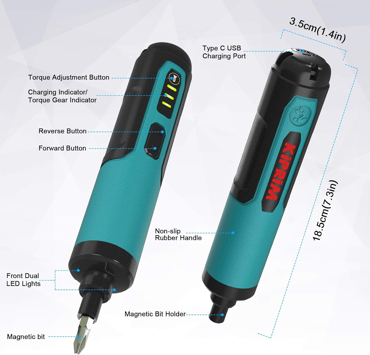 Kiprim® Elektrischer Schraubendreher 4V Akku mit 33 Magnetbits, Dual-LED, Carrybox &amp; Typ-C Kabel