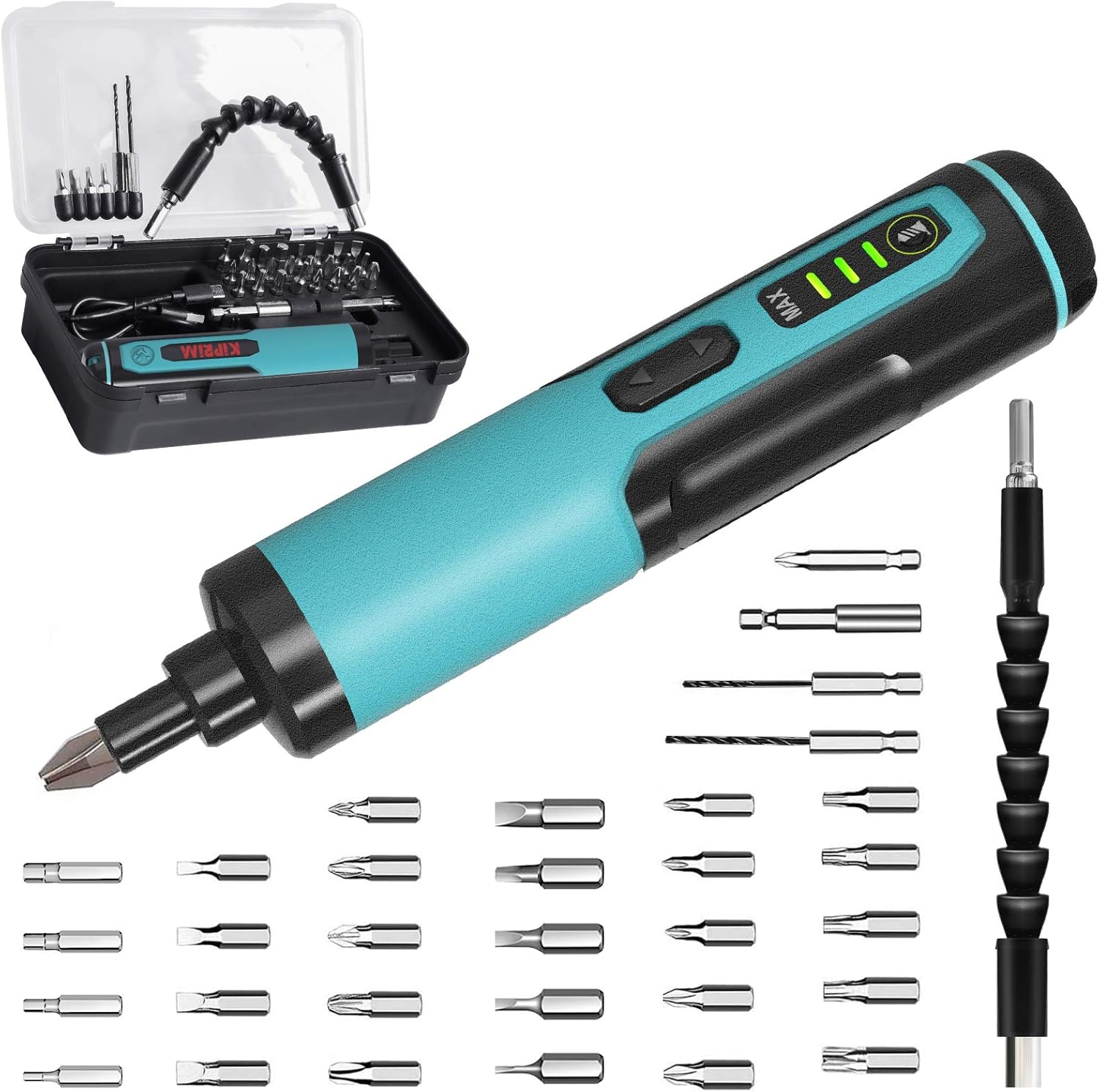 Kiprim® Elektrischer Schraubendreher 4V Akku mit 33 Magnetbits, Dual-LED, Carrybox &amp; Typ-C Kabel