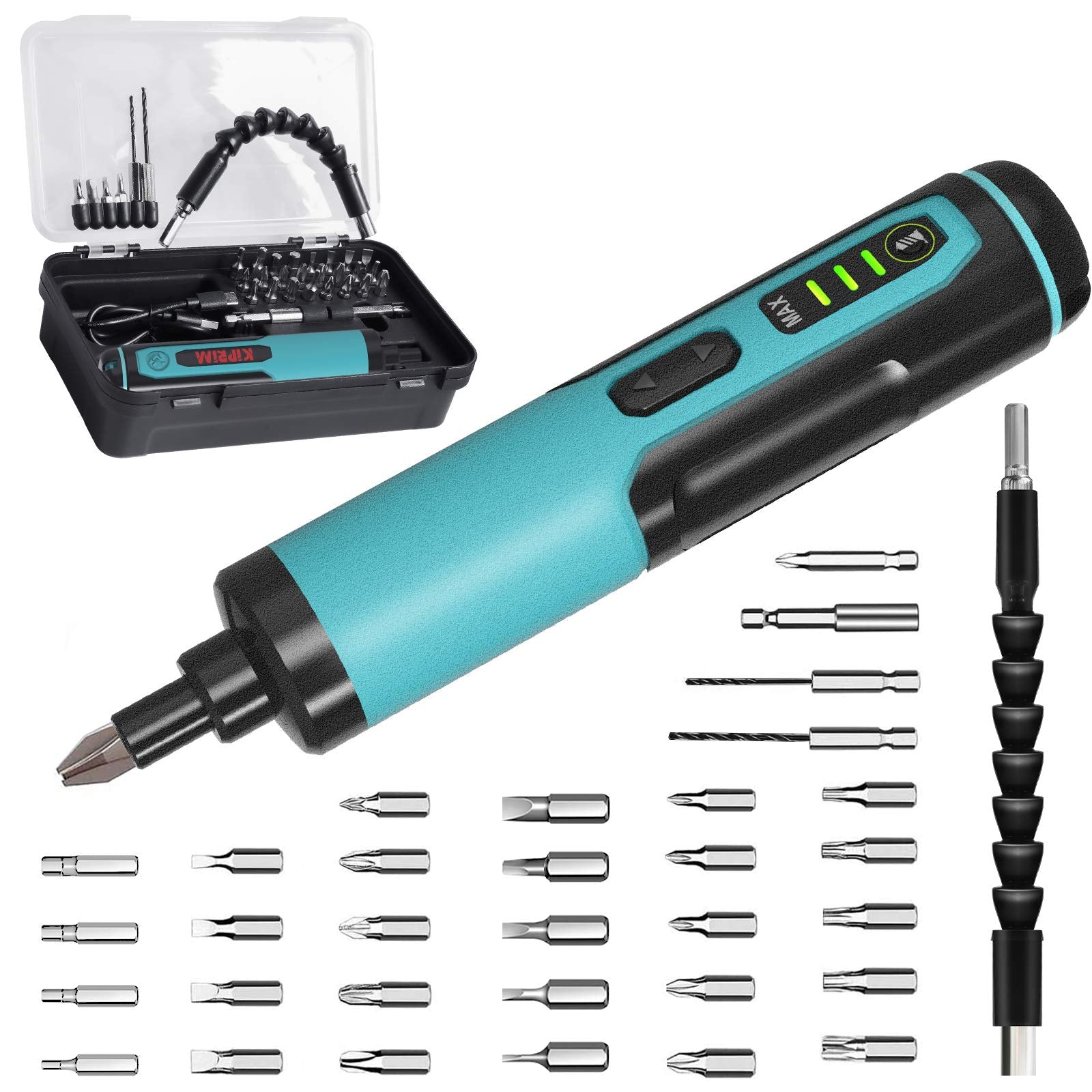 Kiprim® Elektrischer Schraubendreher 4V Akku mit 33 Magnetbits, Dual-LED, Carrybox &amp; Typ-C Kabel
