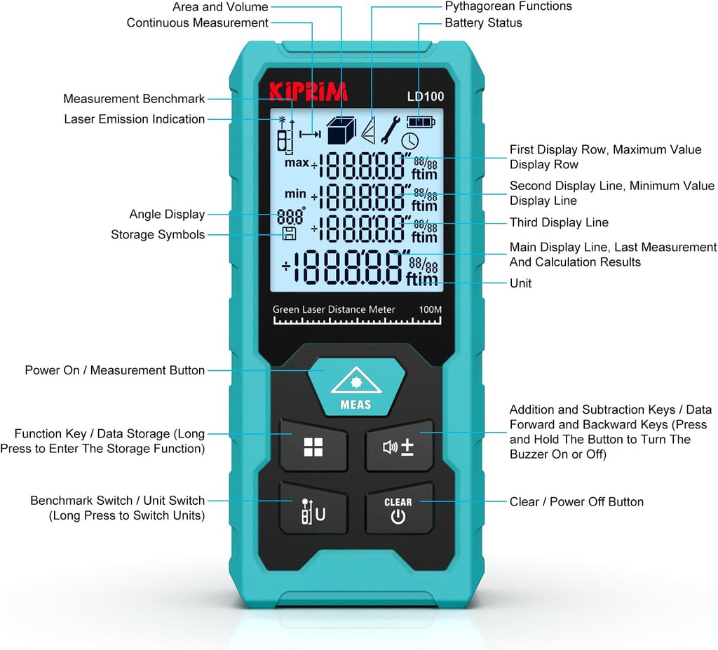 Kiprim Green Laser Distance Meter, 328ft Measuring Tool with USB Type-C Rechargeable Battery, ±1/16" Accuracy, Electronic Level, 10 Modes, Class II Laser, Reflector Plate LD100