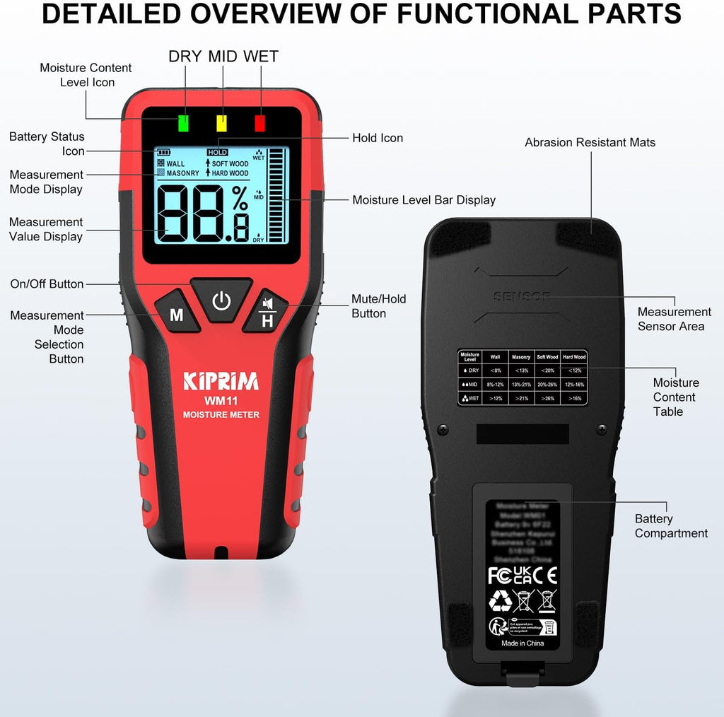 Kiprim WM11 Pinless Moisture Meter for Wood, Walls, Masonry – Accurate Non-Destructive Testing with Audible and Visual Alarm,4 Modes, Data Hold, and Mute Function