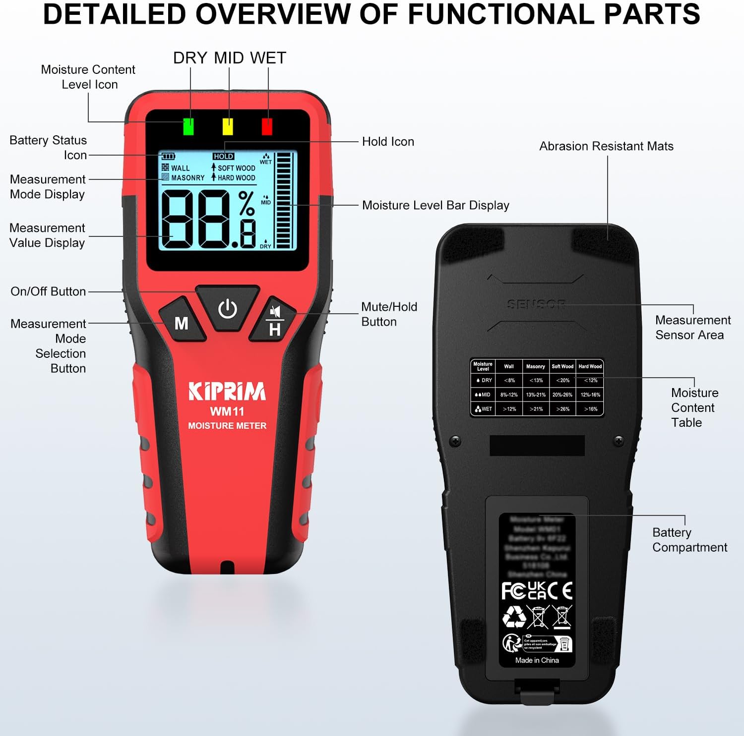 Kiprim WM11 Pinless Moisture Meter for Wood, Walls, Masonry – Accurate Non-Destructive Testing with Audible and Visual Alarm,4 Modes, Data Hold, and Mute Function