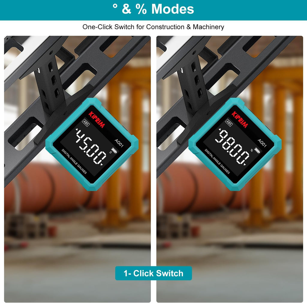Kiprim AG01 Digital Inclinometer - Digital Level with 3 Sided Magnetic Foot, LCD Backlight, Absolute/Relative Measurement, Ideal for Woodwork, Construction & DIY