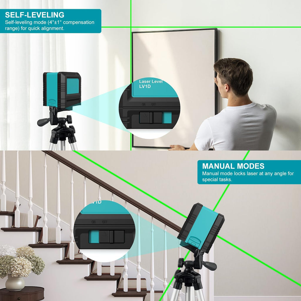 Kiprim Laser Level Self-Leveling Green Beam Horizontal and Vertical Cross-Line Laser for Construction,Picture Hanging,Wall Writing Painting,Home Renovation,Floor Tile, Carrying Pouch, Battery Included