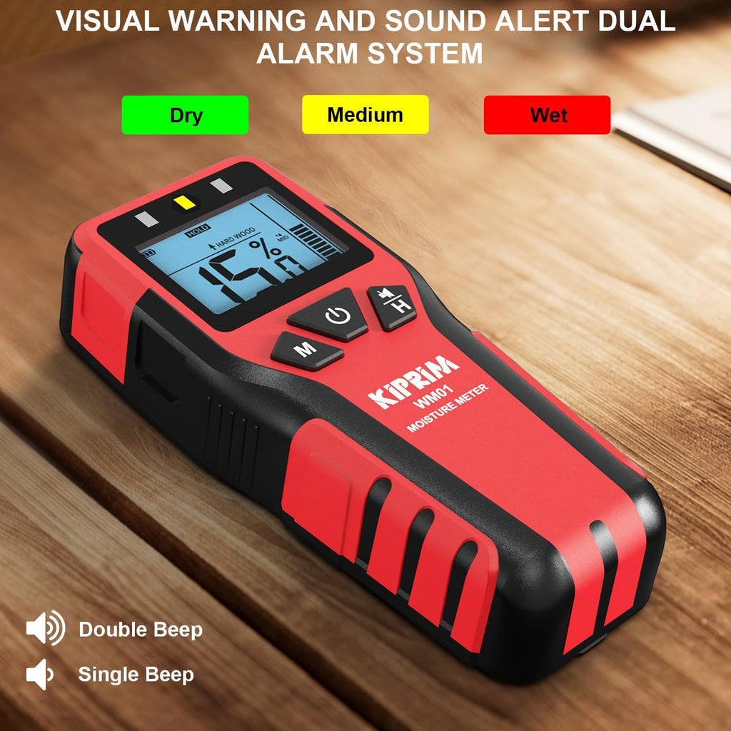 Kiprim WM11 Pinless Moisture Meter for Wood, Walls, Masonry – Accurate Non-Destructive Testing with Audible and Visual Alarm,4 Modes, Data Hold, and Mute Function