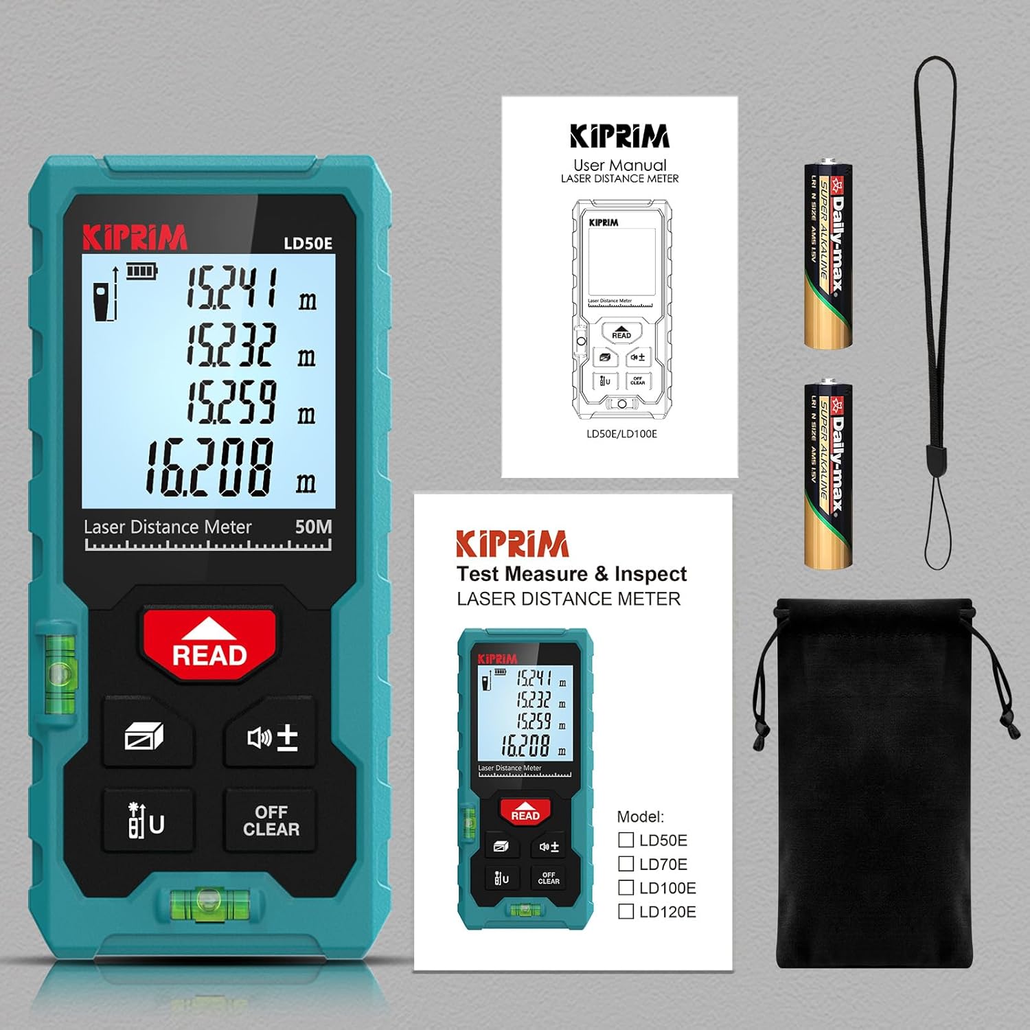 Kiprim® LD50E Laser-Entfernungsmesser 50 m mit LCD, Einheitenwechsel &amp; Wasserwaage