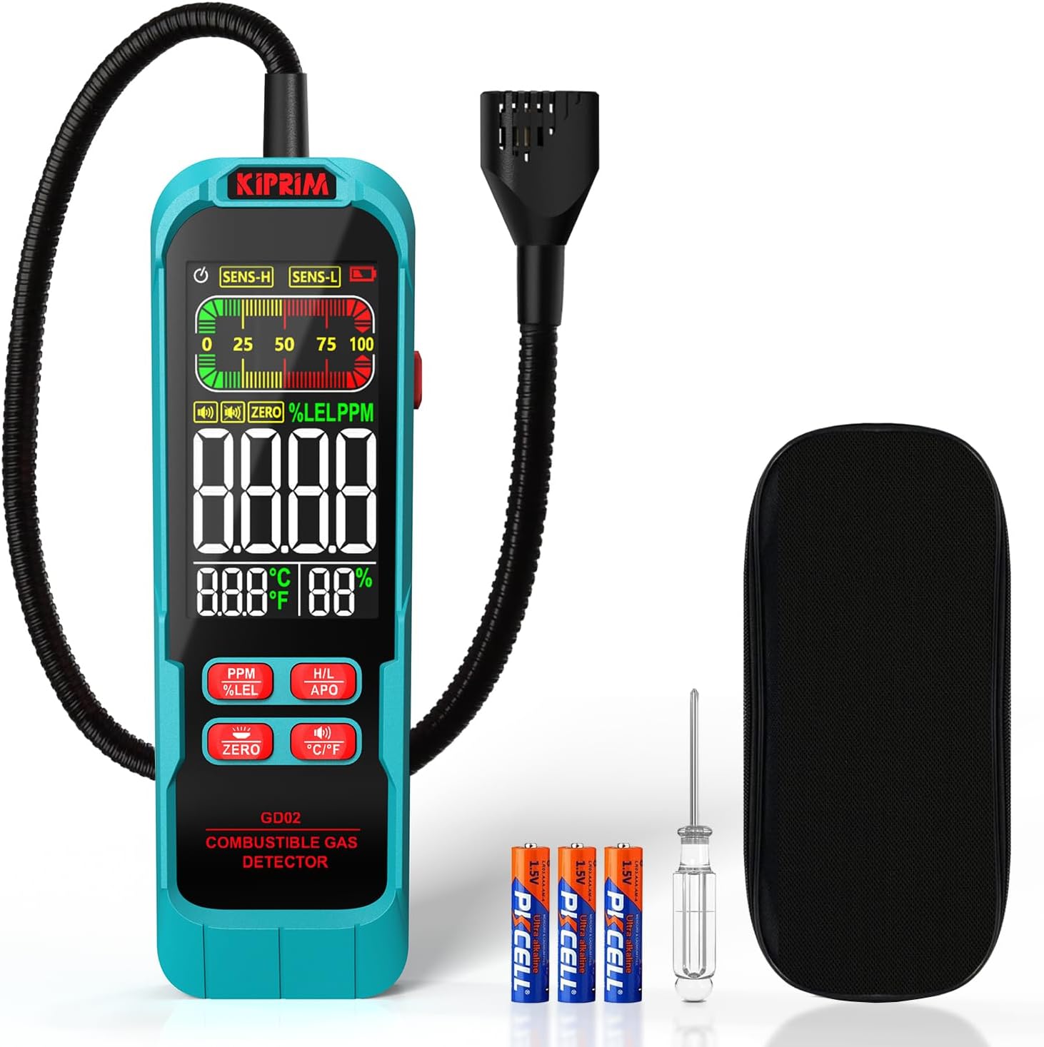 Kiprim® GD02 Gasmelder mit 40 cm Schwanenhals, Echtzeit-Gaskonzentration, akustischer &amp; visueller Alarm
