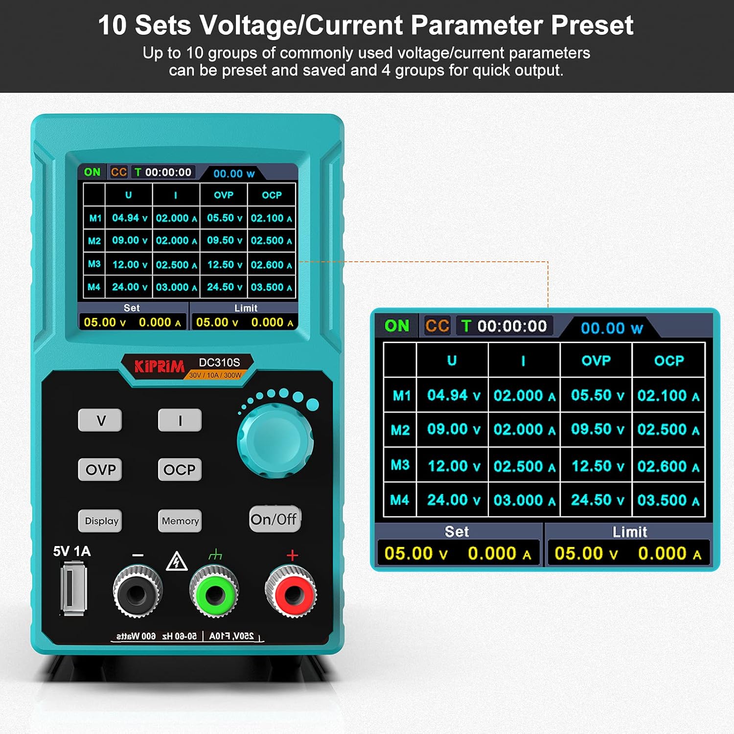Kiprim® Programmierbares DC-Netzteil 0-30 V 0-10 A, 110 V, Hohe Präzision, USB-Ladung