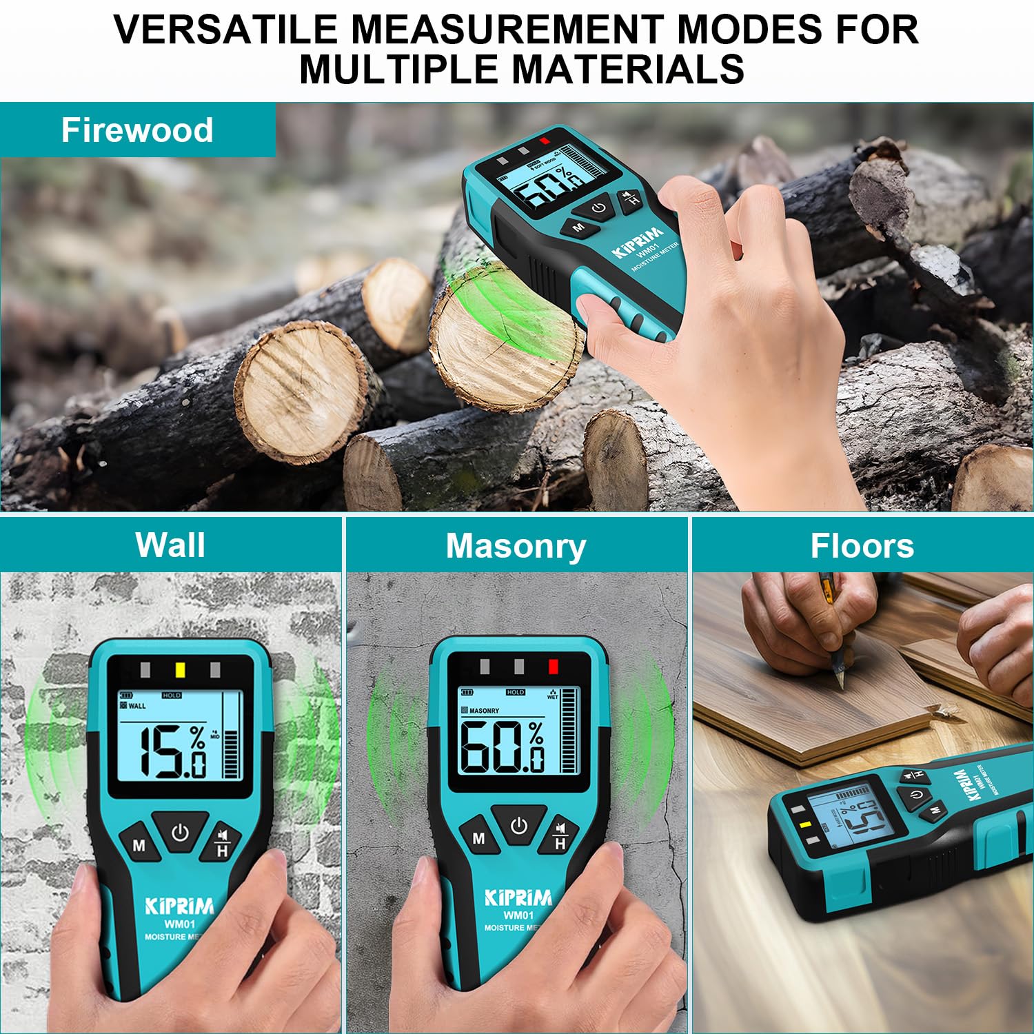 Kiprim® Feuchtigkeitsmesser Pinless WM01 – Präziser Feuchtigkeitstester für Holz, Boden &amp; Wände