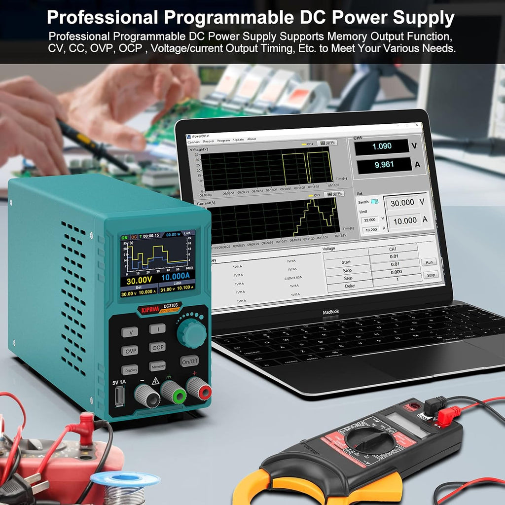 Kiprim® Programmierbares DC-Netzteil 0-30 V 0-10 A, 110 V, Hohe Präzision, USB-Ladung