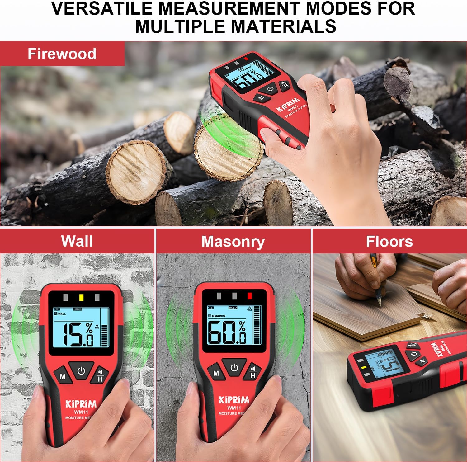 Kiprim WM11 Pinless Moisture Meter for Wood, Walls, Masonry – Accurate Non-Destructive Testing with Audible and Visual Alarm,4 Modes, Data Hold, and Mute Function