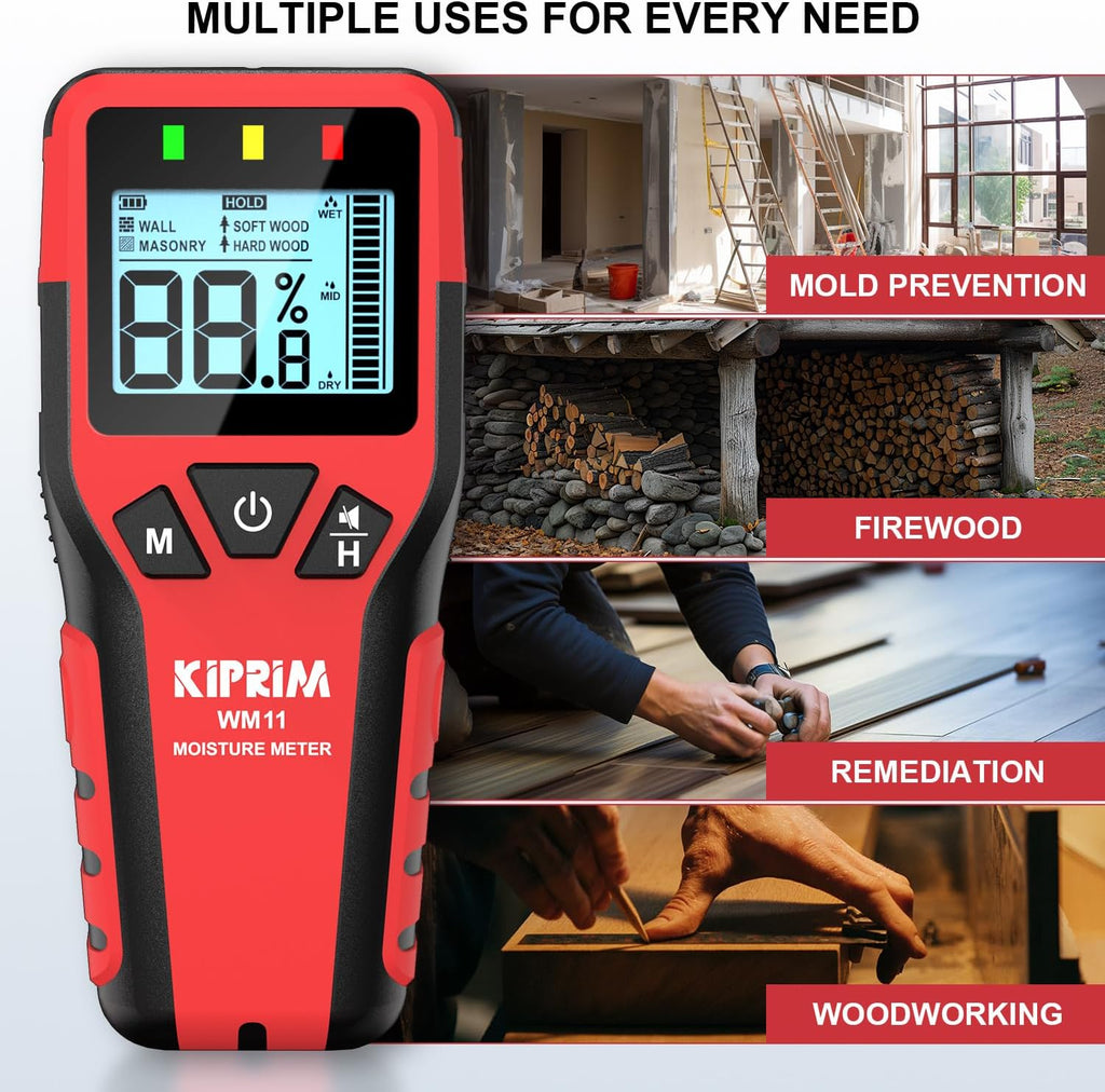 Kiprim WM11 Pinless Moisture Meter for Wood, Walls, Masonry – Accurate Non-Destructive Testing with Audible and Visual Alarm,4 Modes, Data Hold, and Mute Function