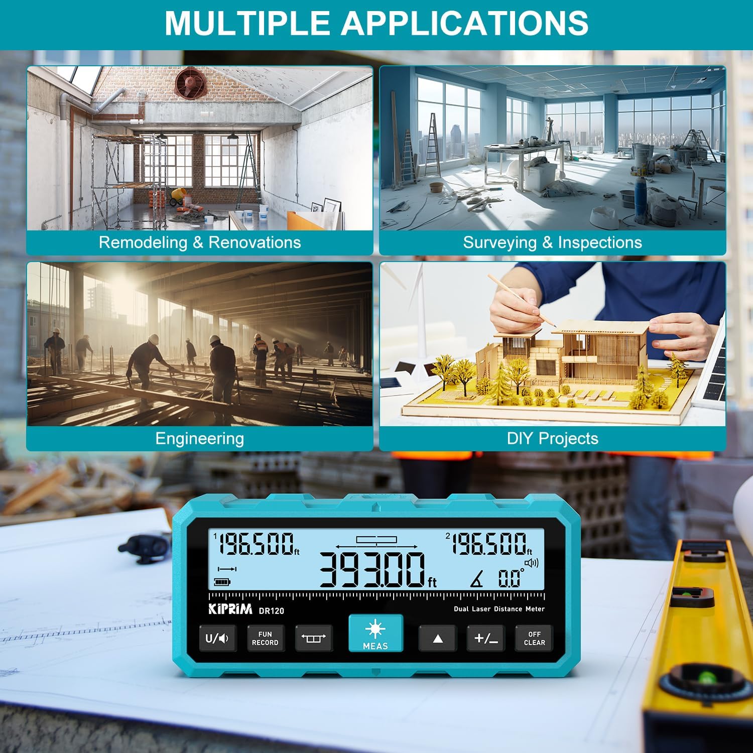 Kiprim DR120 Dual Laser Distance Meter with Bidirectional Laser Emission, Vertical Laser Marking Line, and Electronic Level, Measures in Meters, Feet, and Inches, 393ft/120m Range Rangefinder