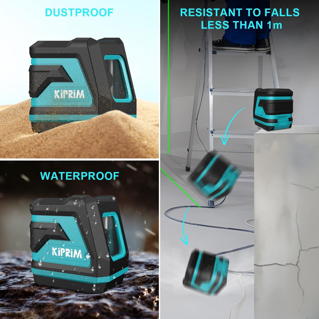 Kiprim green laser cross line level showing dustproof waterproof and drop resistance features
