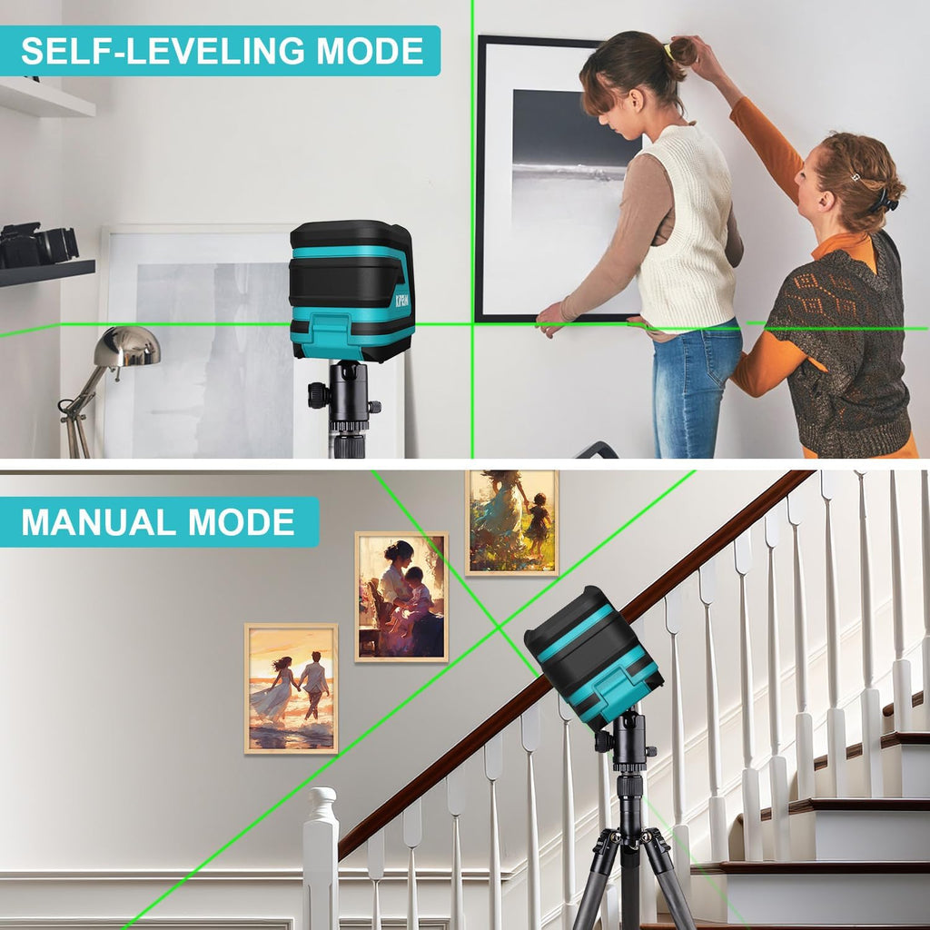 Kiprim green laser cross line level in self-leveling and manual mode for precise alignment on walls and stairs
