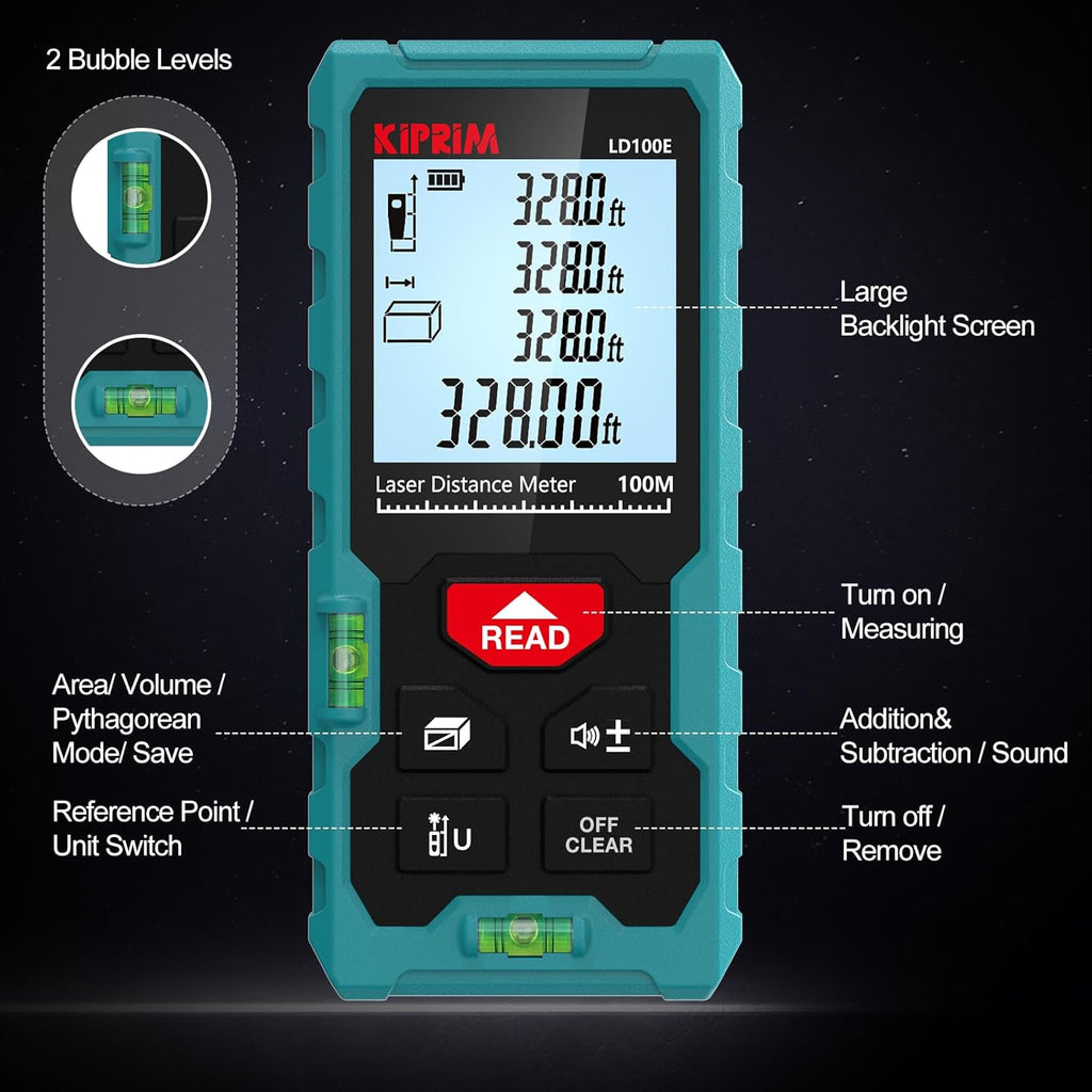 Kiprim laser distance meter 100m with large backlight screen and multiple measurement functions