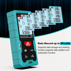 Kiprim laser distance meter 100m in teal blue with digital display and multiple measurement readings