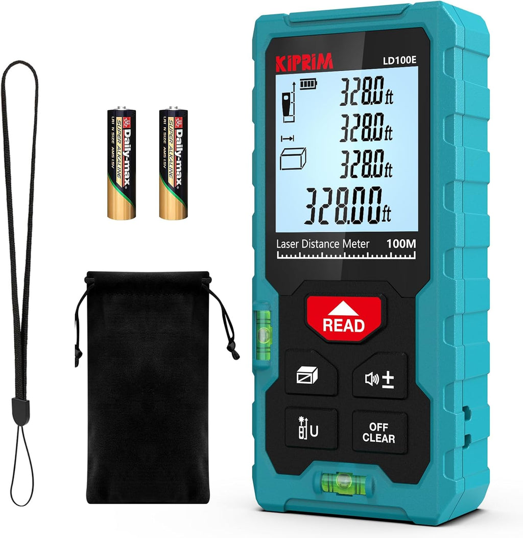 Kiprim laser distance meter 100m with digital display, batteries, wrist strap, and carrying pouch