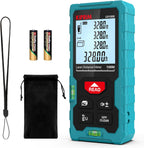 Kiprim laser distance meter 100m with digital display, batteries, wrist strap, and carrying pouch