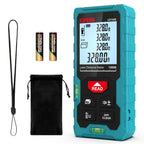 Kiprim laser distance meter 100m in blue with digital display, batteries, carrying pouch, and wrist strap